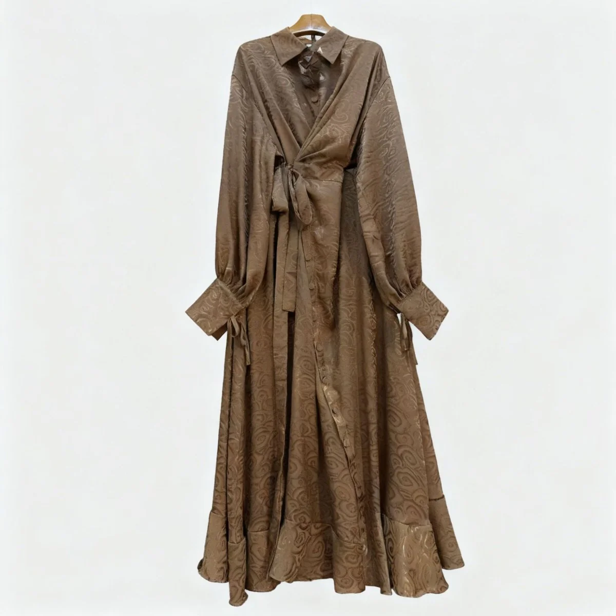 Floral Jacquard Wrap Dress | Collared Tie-Sleeve Maxi Dress(MS257) - Image 8