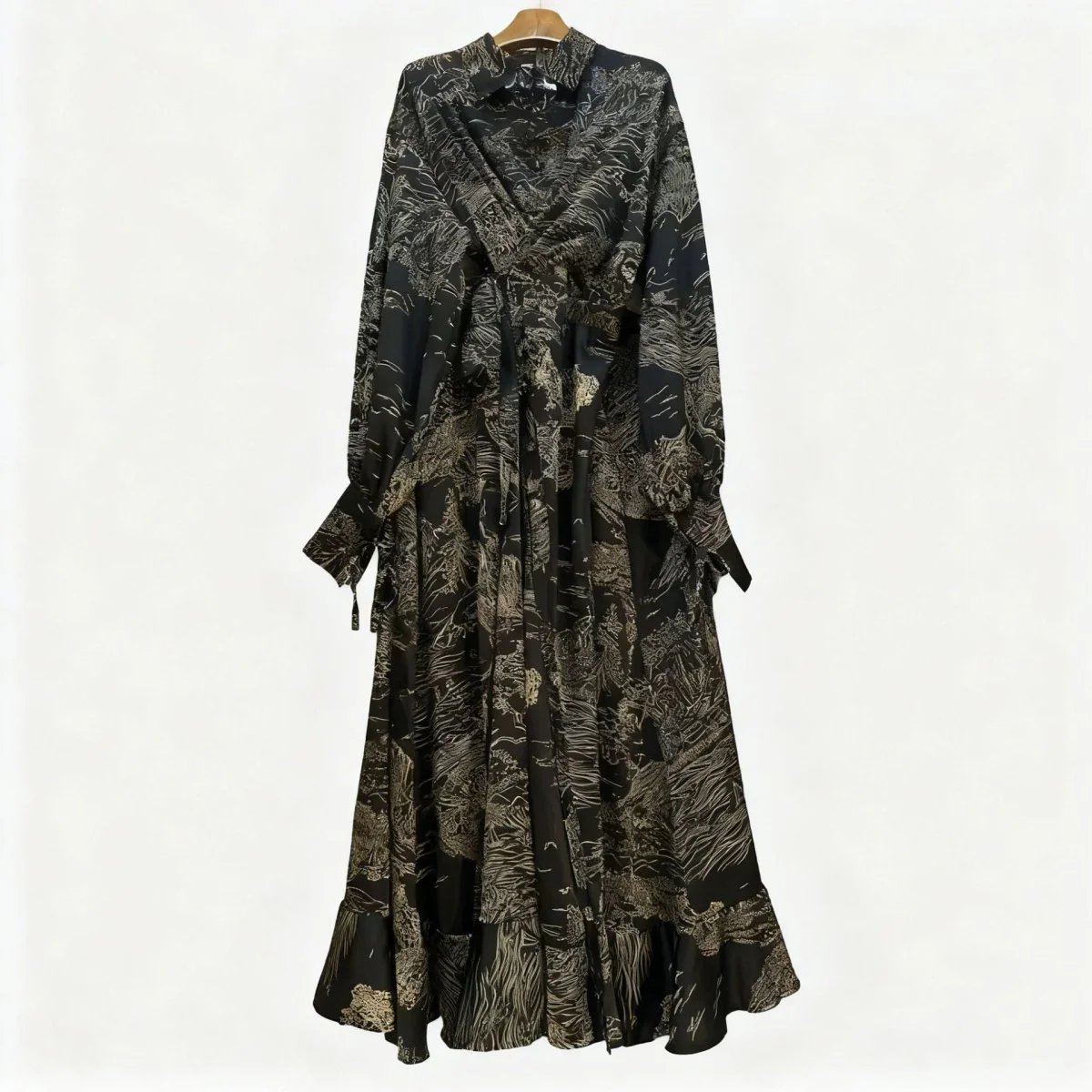 Floral Jacquard Wrap Dress | Collared Tie-Sleeve Maxi Dress(MS257) - Image 9