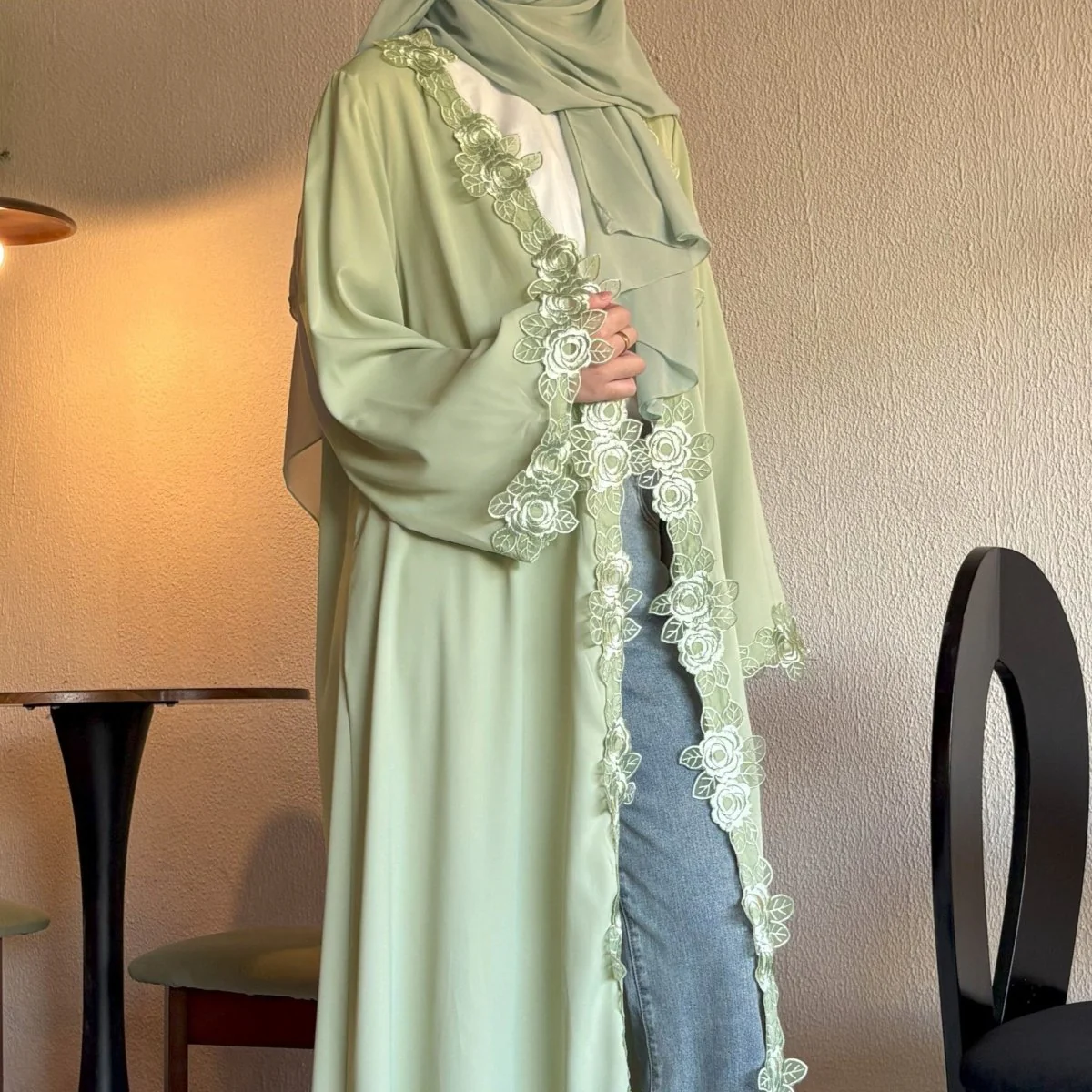 Floral Lace Trim Abaya with Hijab (MOA264) - Image 2