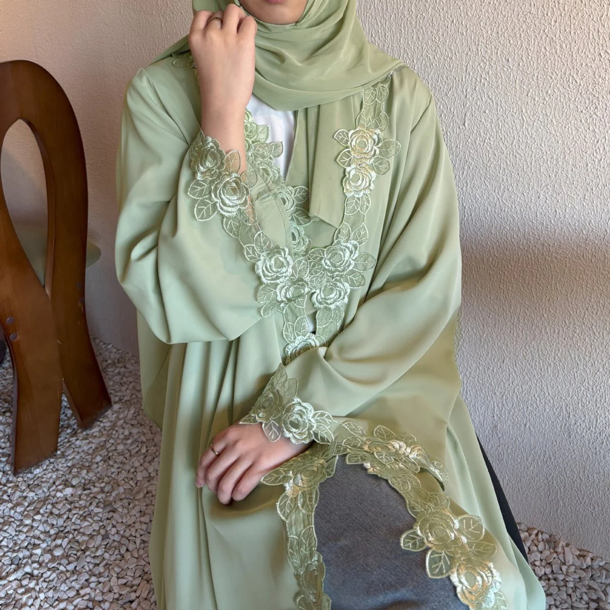Floral Lace Trim Abaya with Hijab (MOA264) - Image 3