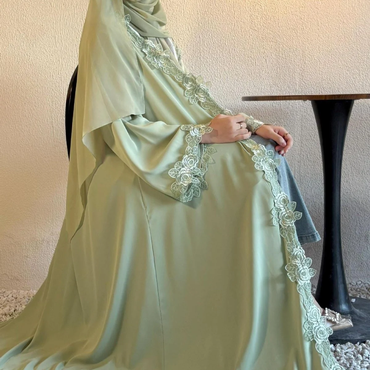 Floral Lace Trim Abaya with Hijab (MOA264) - Image 4