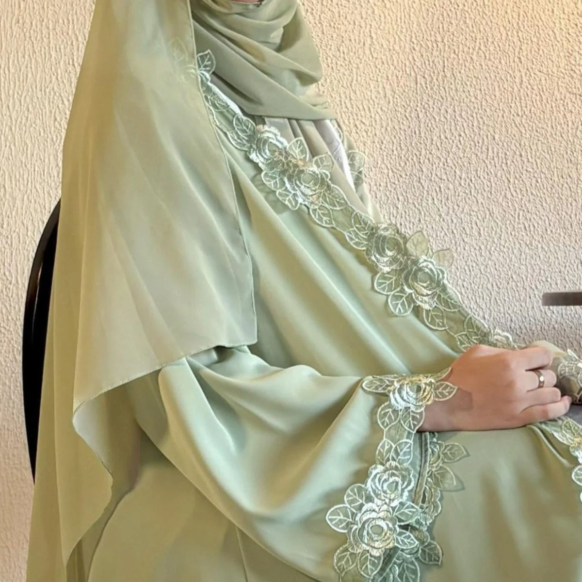 Floral Lace Trim Abaya with Hijab (MOA264) - Image 5