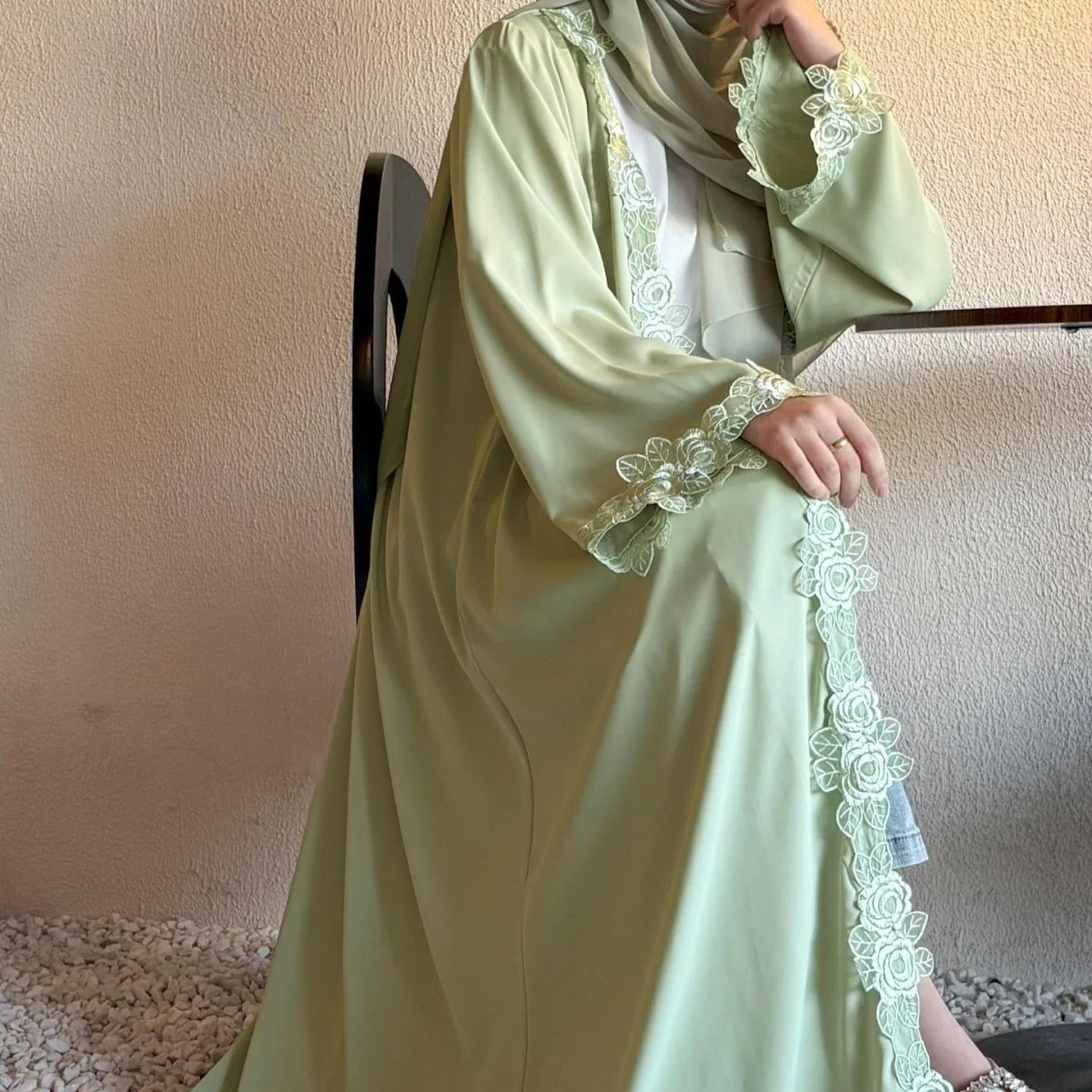 Floral Lace Trim Abaya with Hijab (MOA264) - Image 6