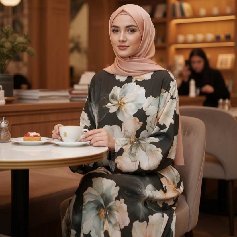 Floral Print Abaya with Bell Sleeves(MA332) - Image 3