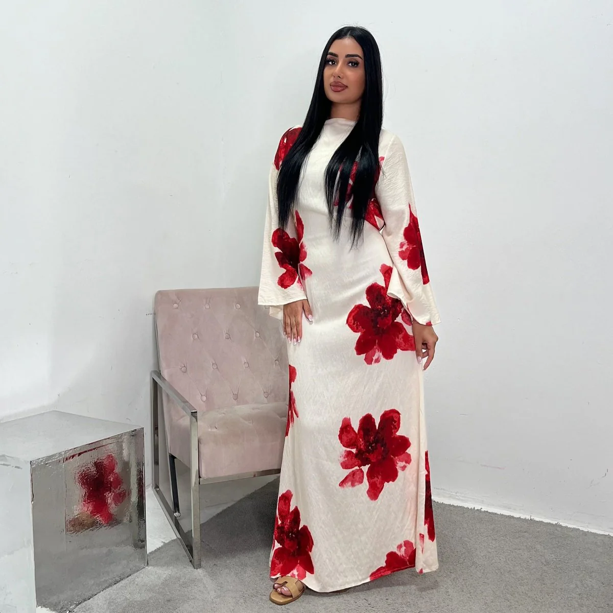 Floral Print Bell Sleeve Maxi Dress Abaya (MA214) - Image 11