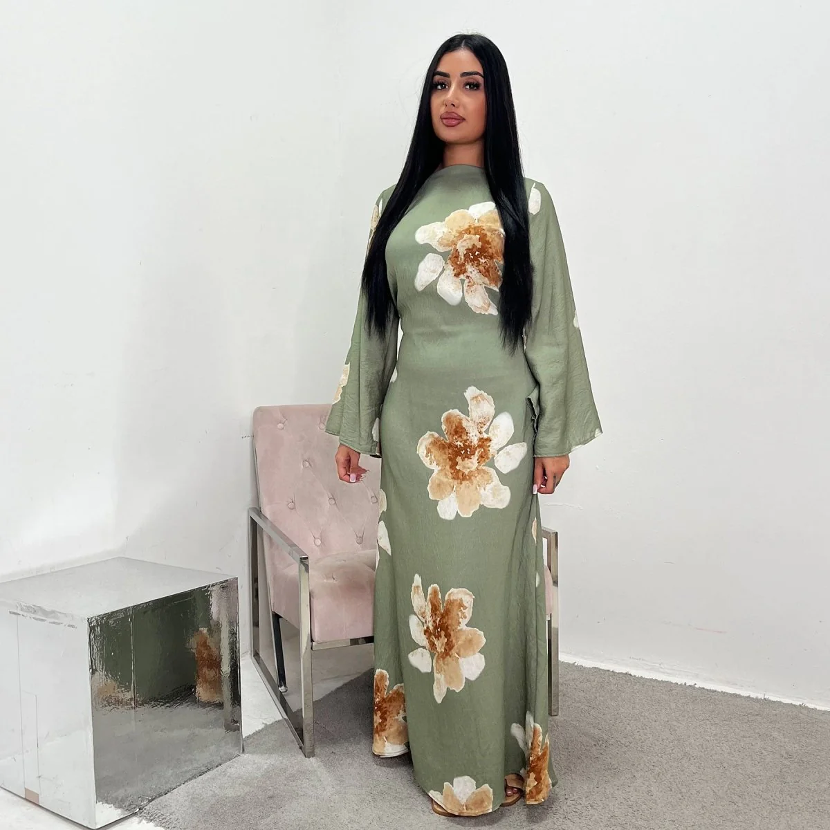 Floral Print Bell Sleeve Maxi Dress Abaya (MA214) - Image 12