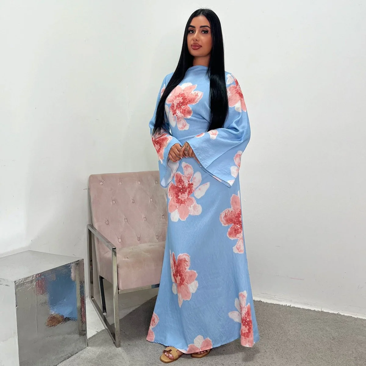 Floral Print Bell Sleeve Maxi Dress Abaya (MA214) - Image 13