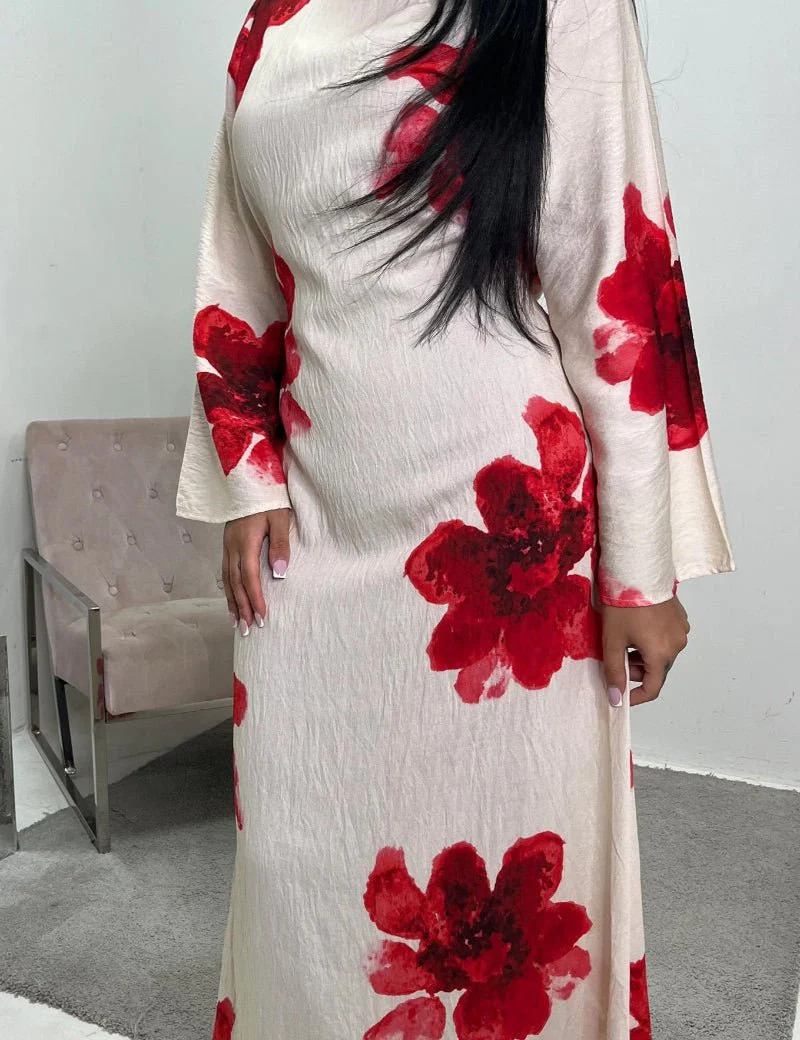 Floral Print Bell Sleeve Maxi Dress Abaya (MA214) - Image 3