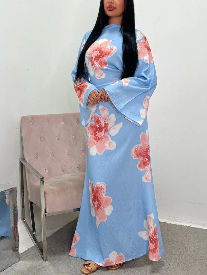 Floral Print Bell Sleeve Maxi Dress Abaya (MA214) - Image 5