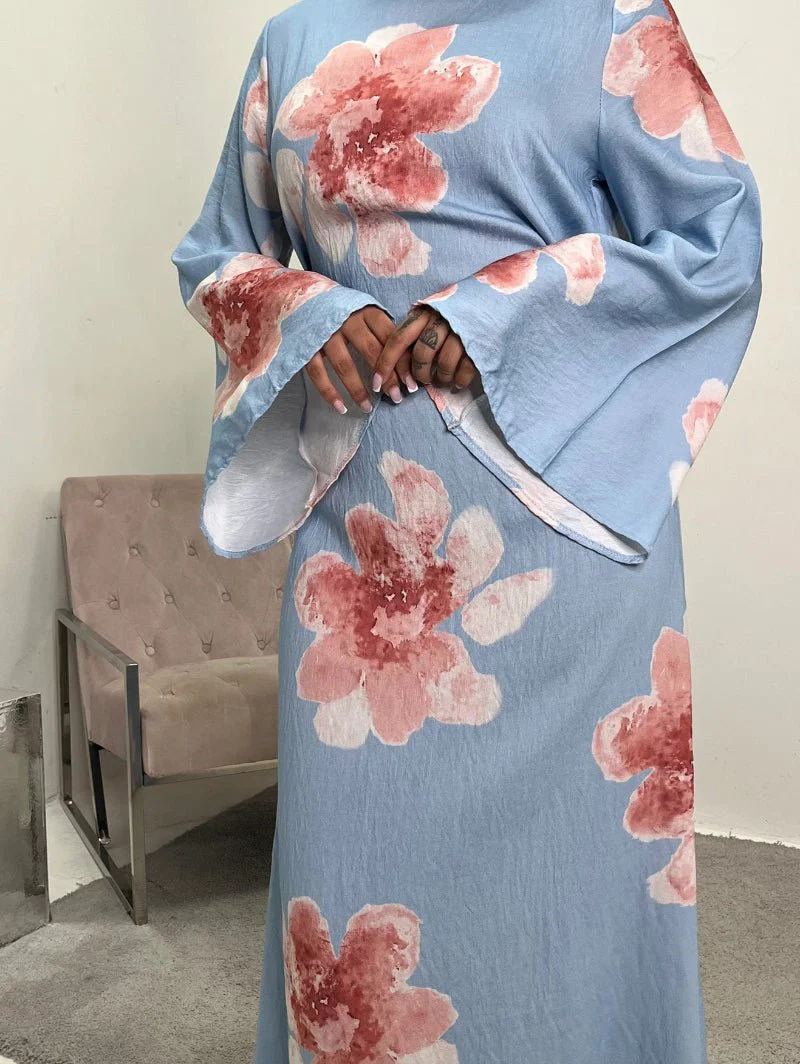 Floral Print Bell Sleeve Maxi Dress Abaya (MA214) - Image 6