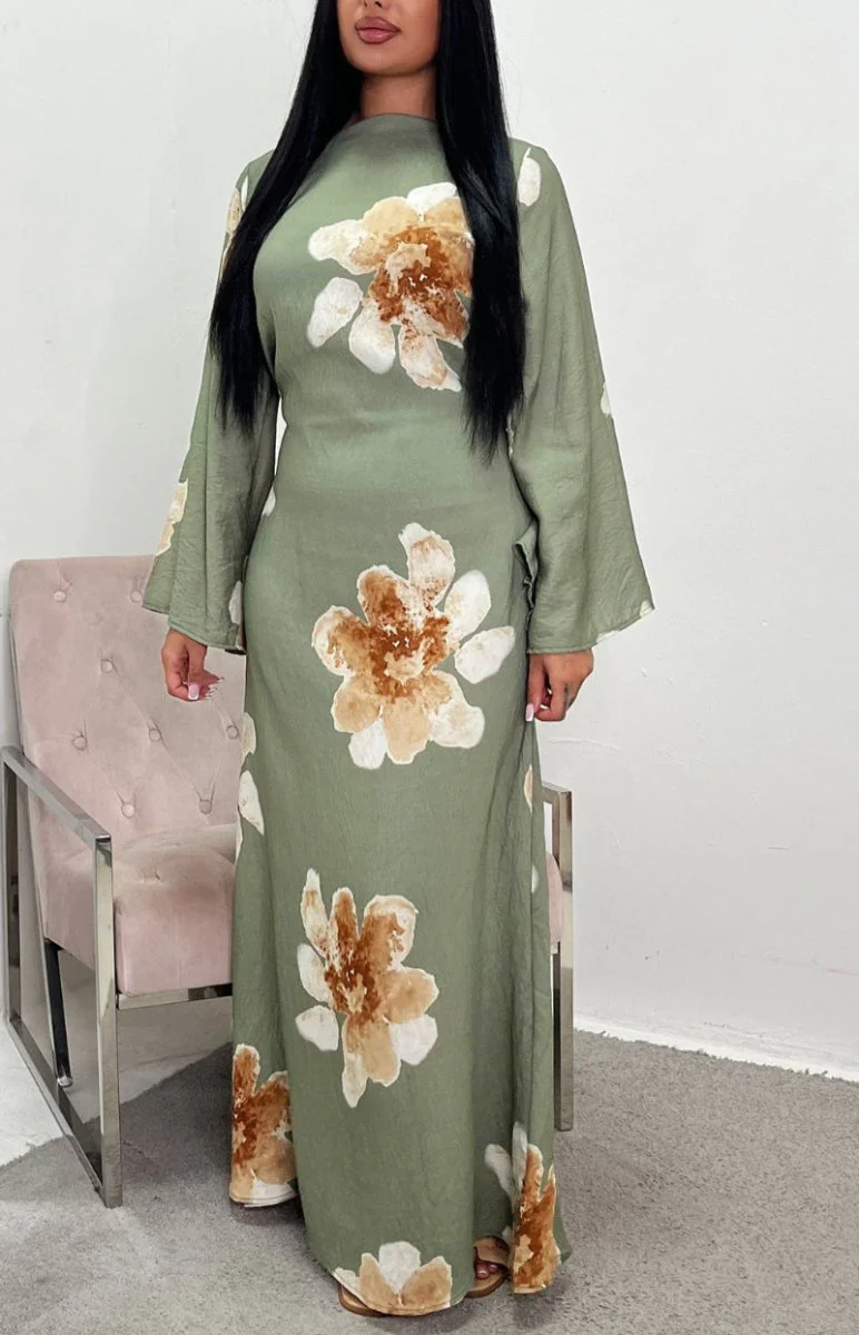 Floral Print Bell Sleeve Maxi Dress Abaya (MA214) - Image 8