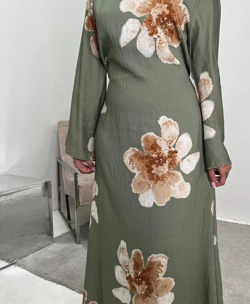 Floral Print Bell Sleeve Maxi Dress Abaya (MA214) - Image 9
