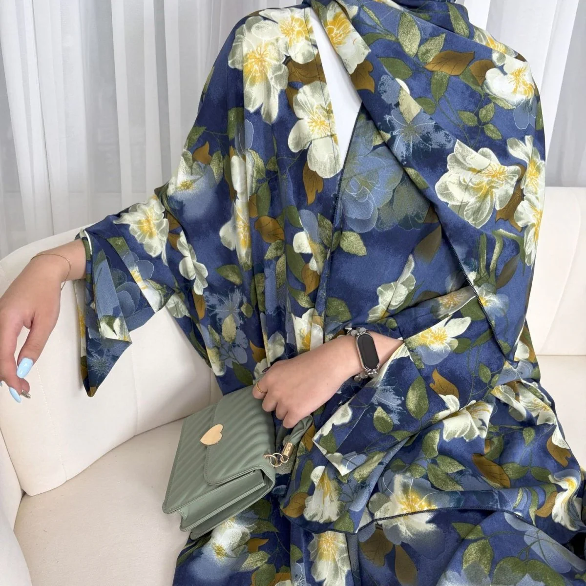 Floral Print Butterfly Sleeve Abaya Set | Resort Style Open-Front Cardigan(MOA256) - Image 13