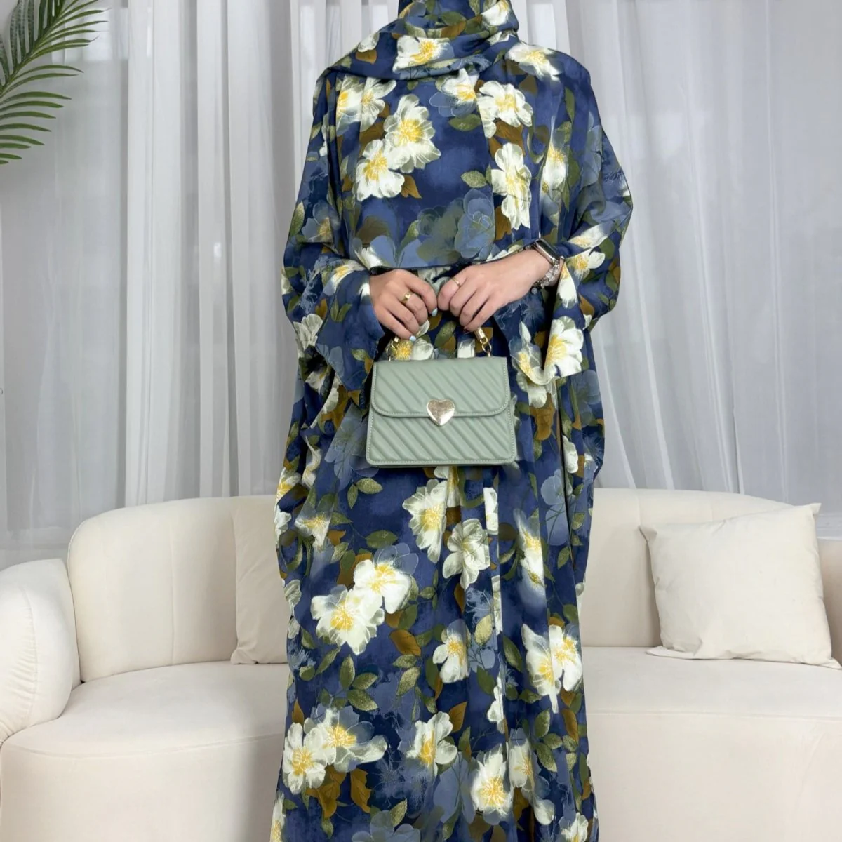 Floral Print Butterfly Sleeve Abaya Set | Resort Style Open-Front Cardigan(MOA256) - Image 14