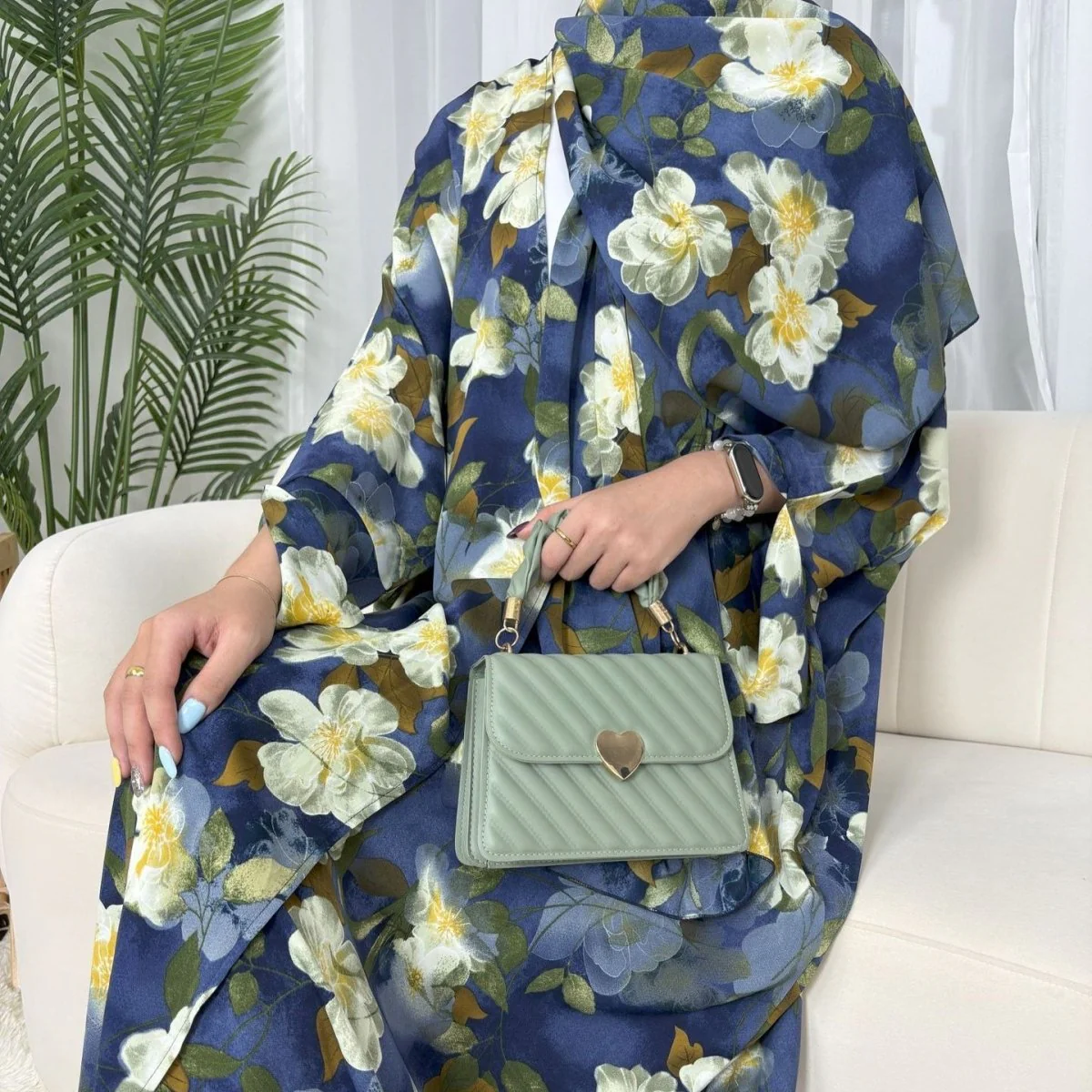 Floral Print Butterfly Sleeve Abaya Set | Resort Style Open-Front Cardigan(MOA256) - Image 15
