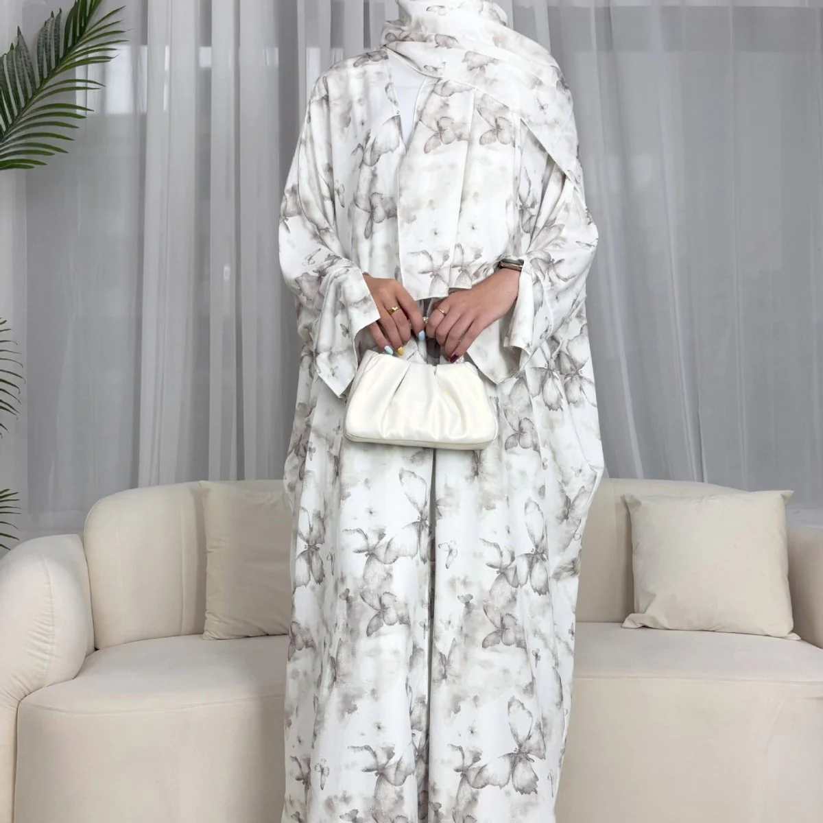 Floral Print Butterfly Sleeve Abaya Set | Resort Style Open-Front Cardigan(MOA256) - Image 2