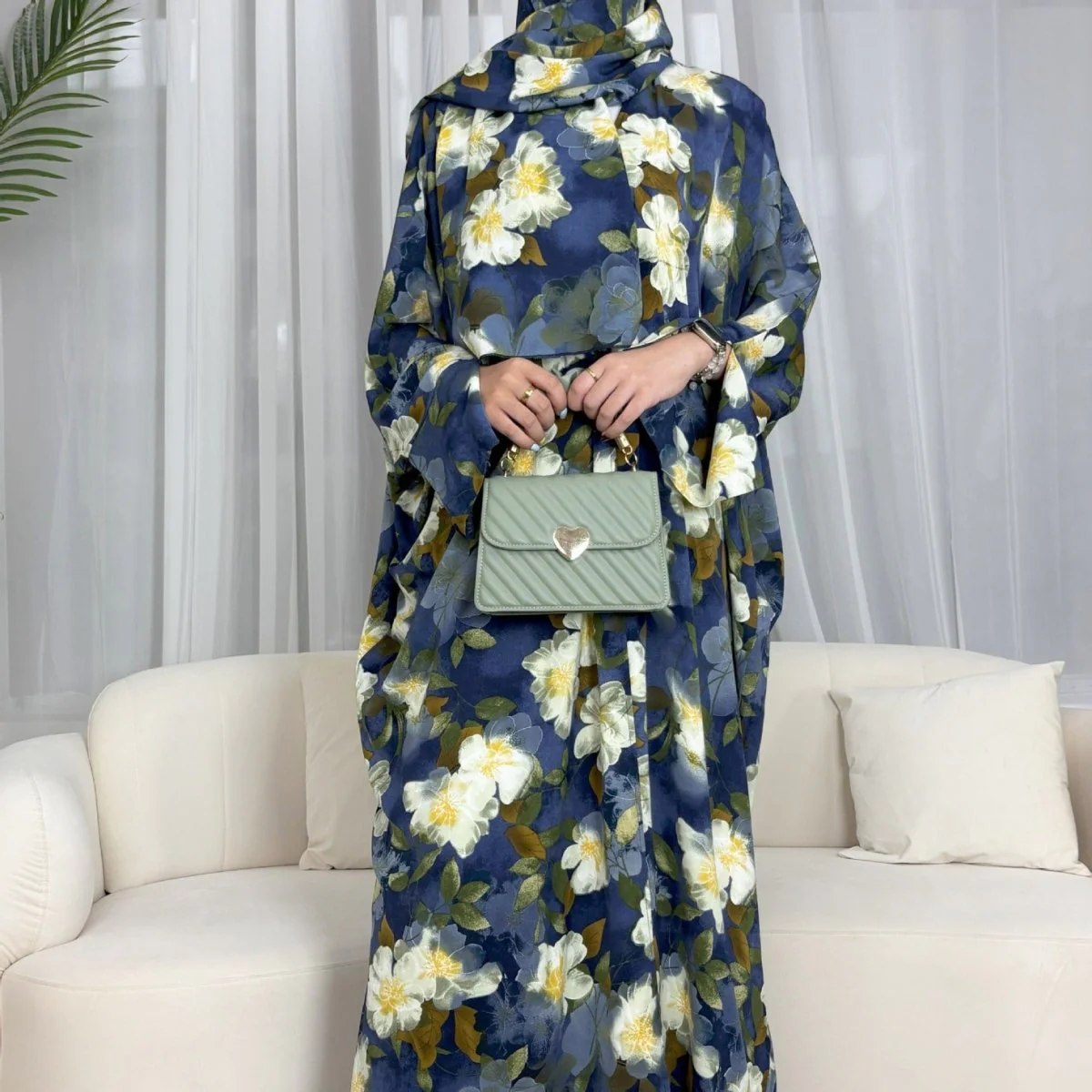 Floral Print Butterfly Sleeve Abaya Set | Resort Style Open-Front Cardigan(MOA256) - Image 3