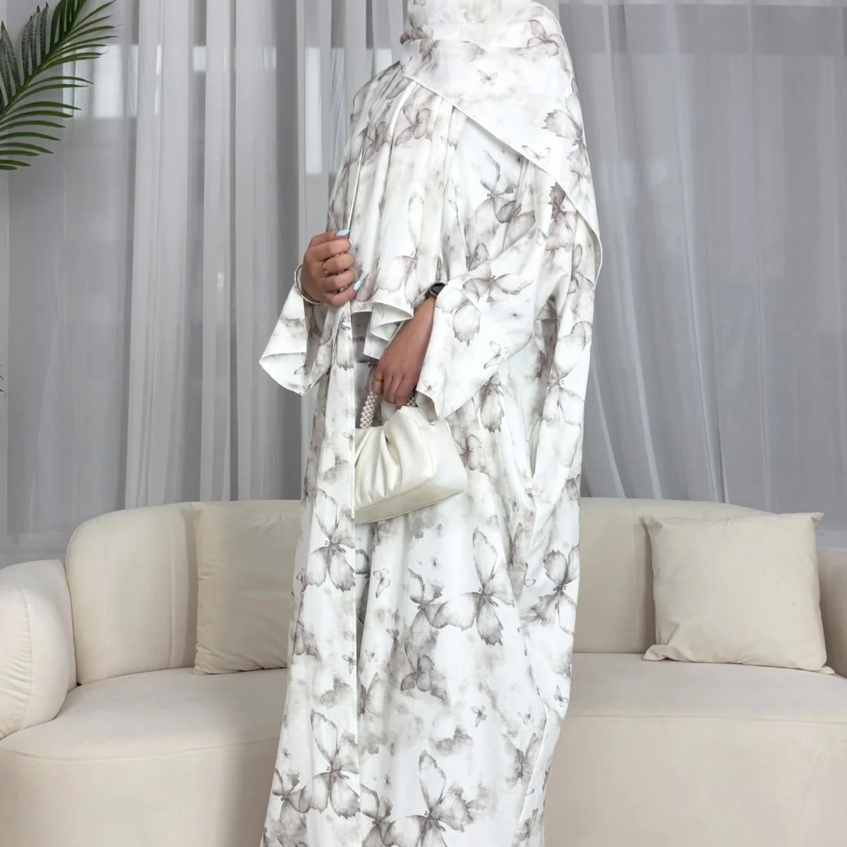 Floral Print Butterfly Sleeve Abaya Set | Resort Style Open-Front Cardigan(MOA256) - Image 4
