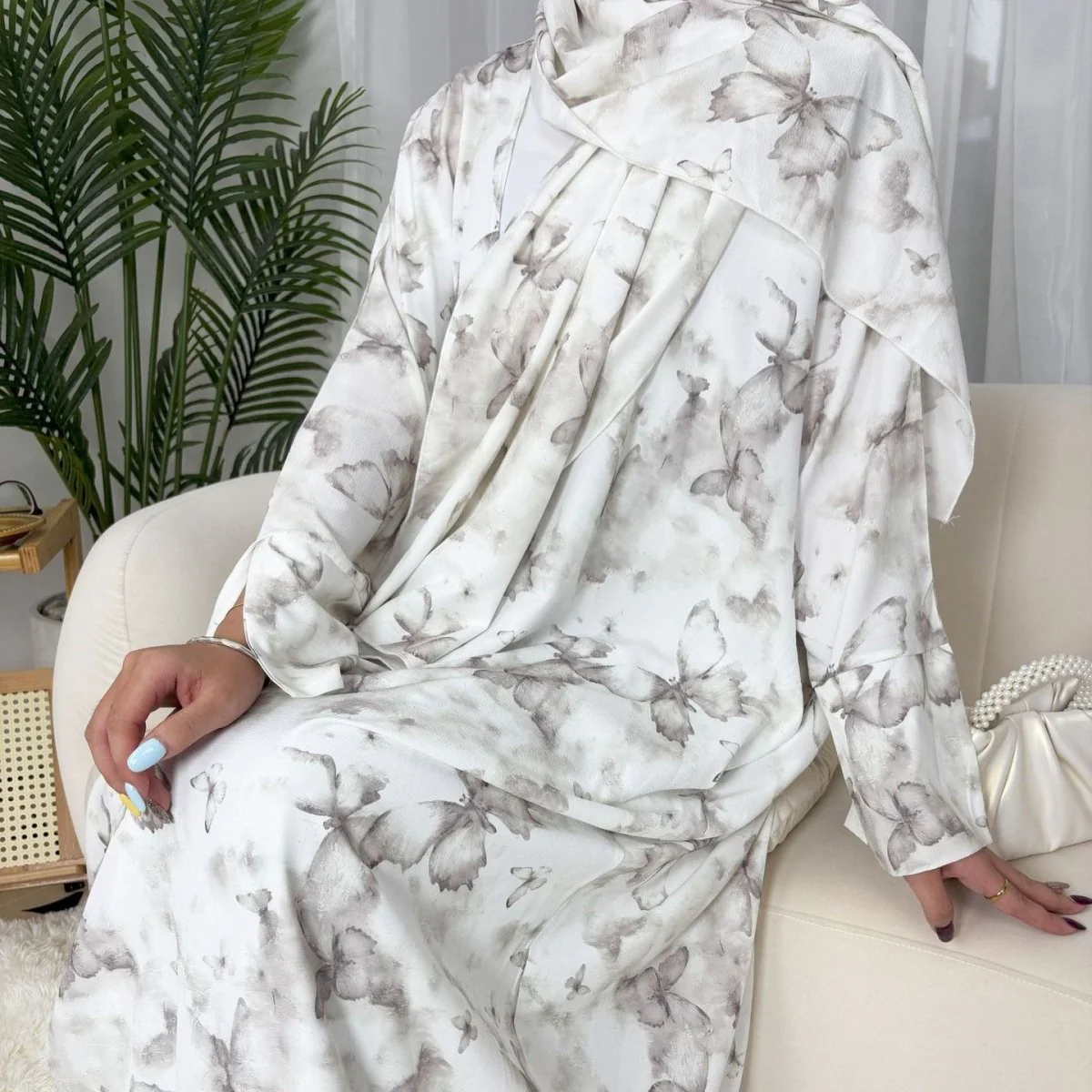 Floral Print Butterfly Sleeve Abaya Set | Resort Style Open-Front Cardigan(MOA256) - Image 6