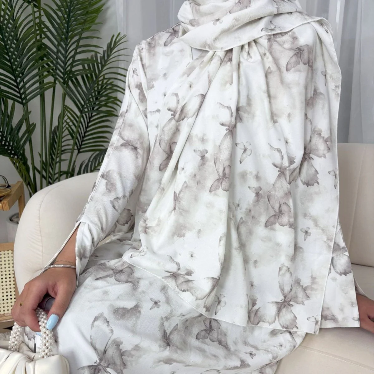 Floral Print Butterfly Sleeve Abaya Set | Resort Style Open-Front Cardigan(MOA256) - Image 7