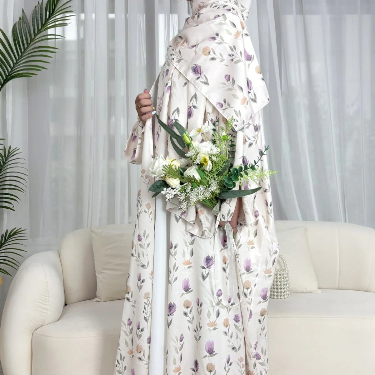 Floral Print Butterfly Sleeve Abaya Set | Resort Style Open-Front Cardigan(MOA256) - Image 8