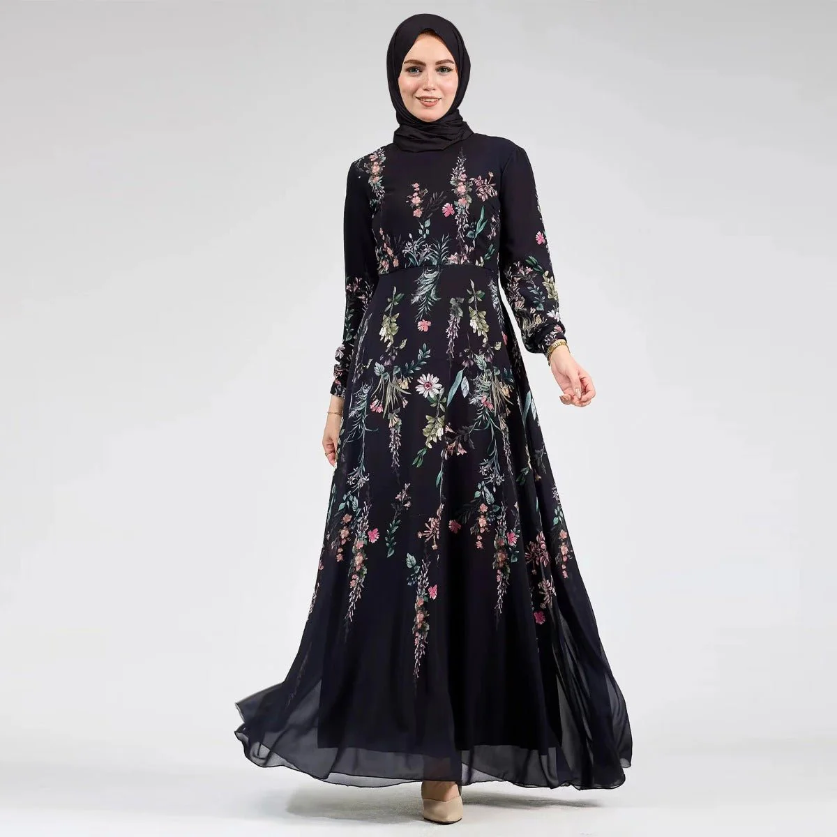 Floral Print Chiffon Maxi Dress | Modest High Neck Long Sleeve Dress with Belt (MA238)