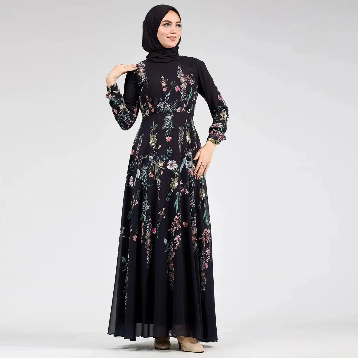 Floral Print Chiffon Maxi Dress | Modest High Neck Long Sleeve Dress with Belt (MA238) - Image 2