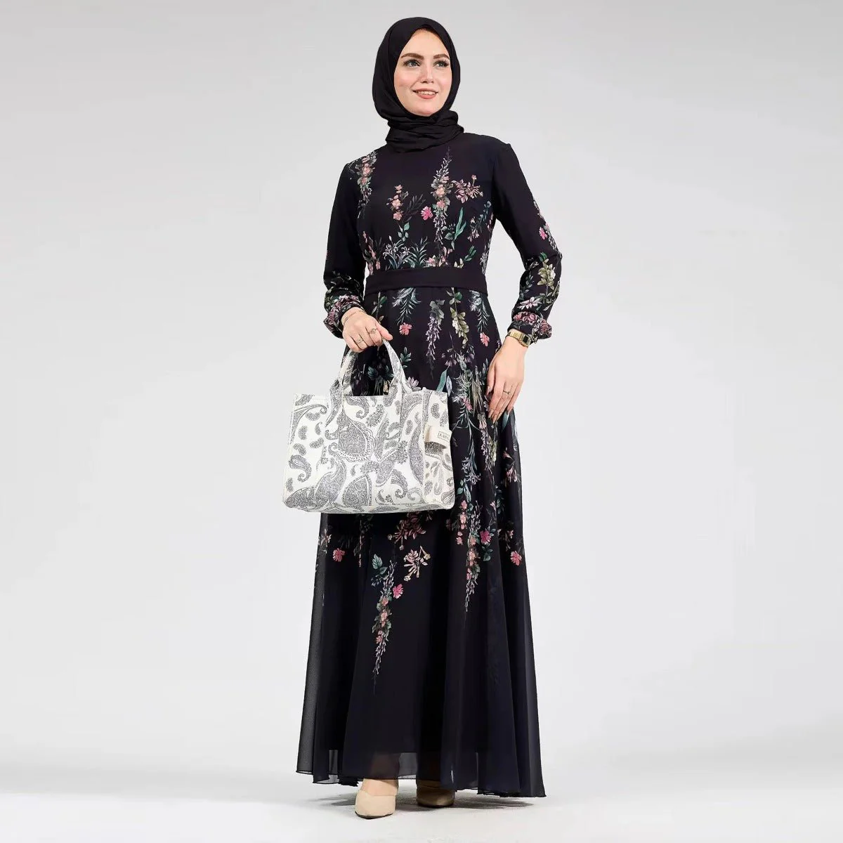 Floral Print Chiffon Maxi Dress | Modest High Neck Long Sleeve Dress with Belt (MA238) - Image 3