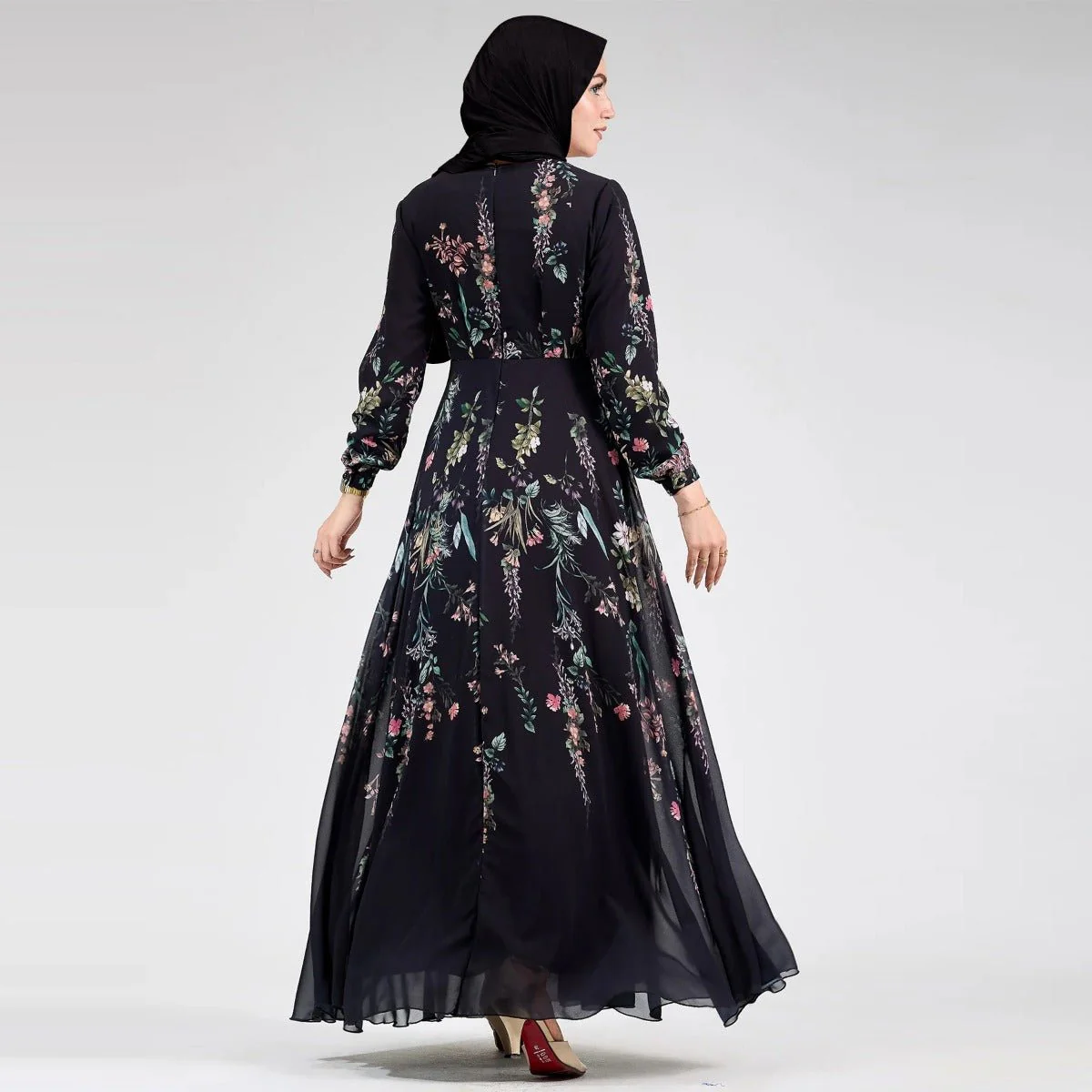 Floral Print Chiffon Maxi Dress | Modest High Neck Long Sleeve Dress with Belt (MA238) - Image 4