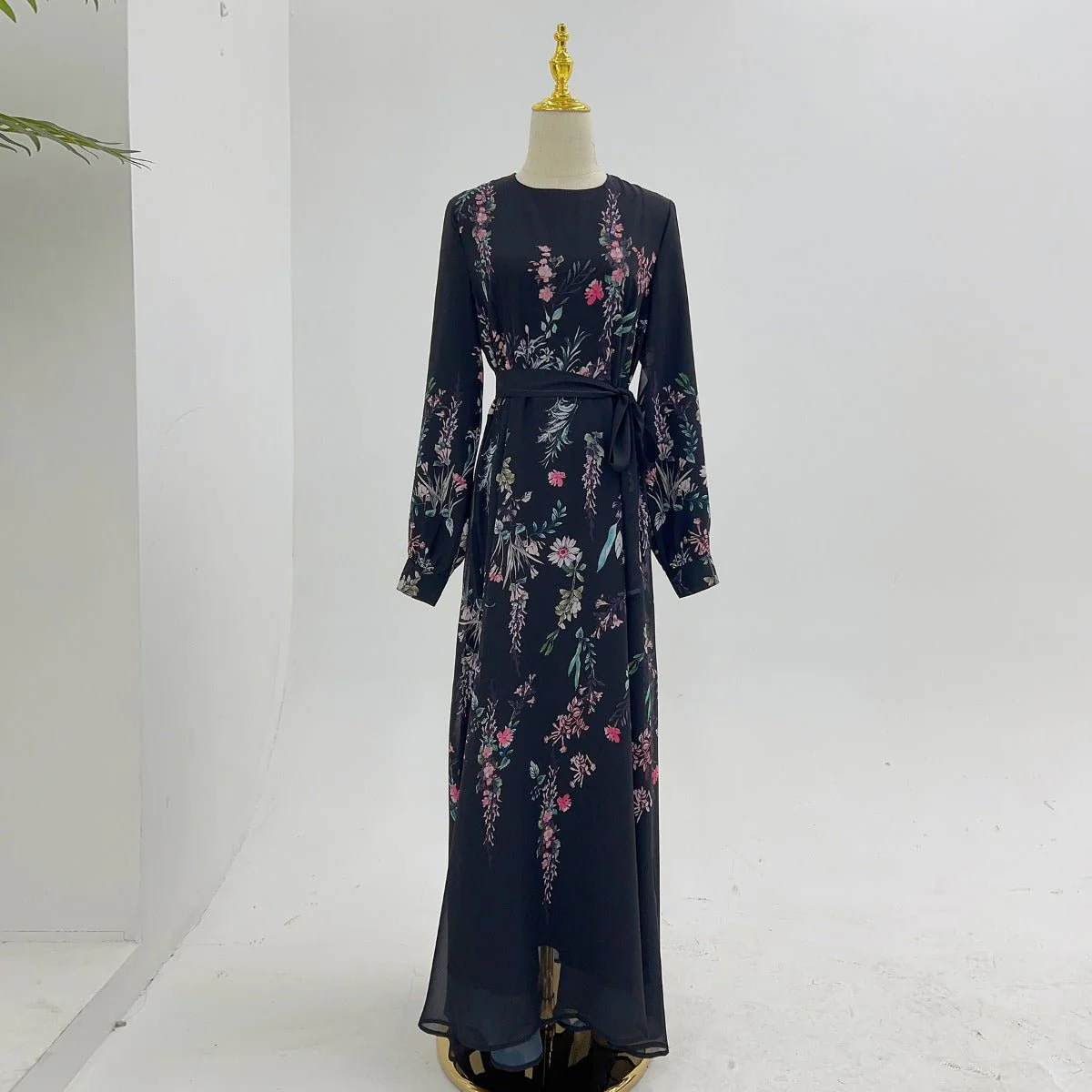 Floral Print Chiffon Maxi Dress | Modest High Neck Long Sleeve Dress with Belt (MA238) - Image 5