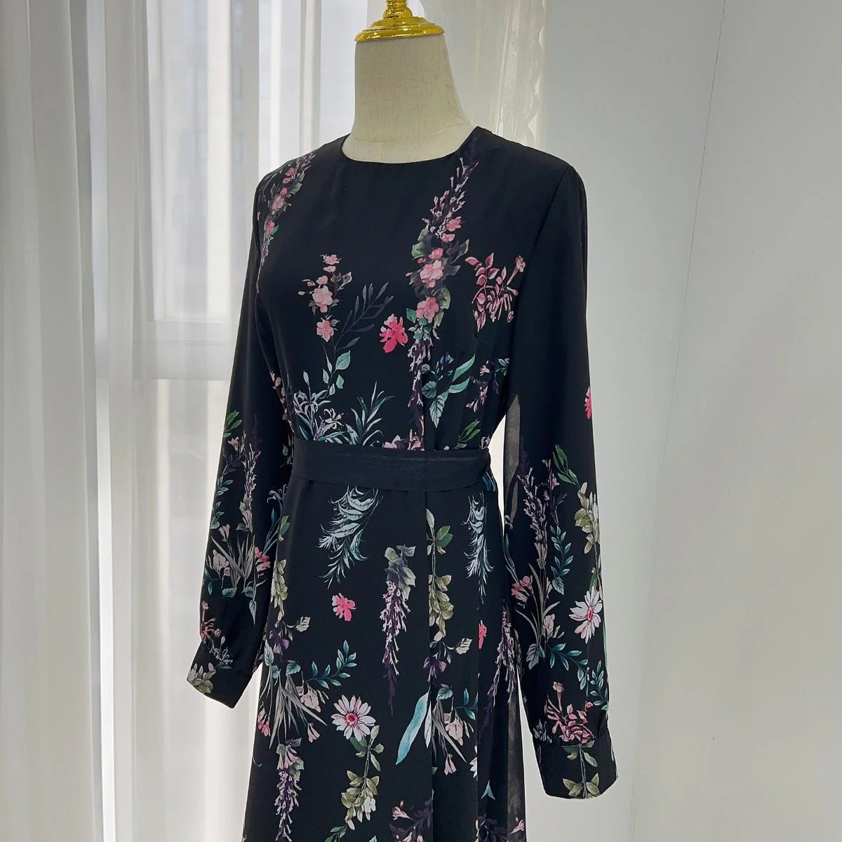 Floral Print Chiffon Maxi Dress | Modest High Neck Long Sleeve Dress with Belt (MA238) - Image 6