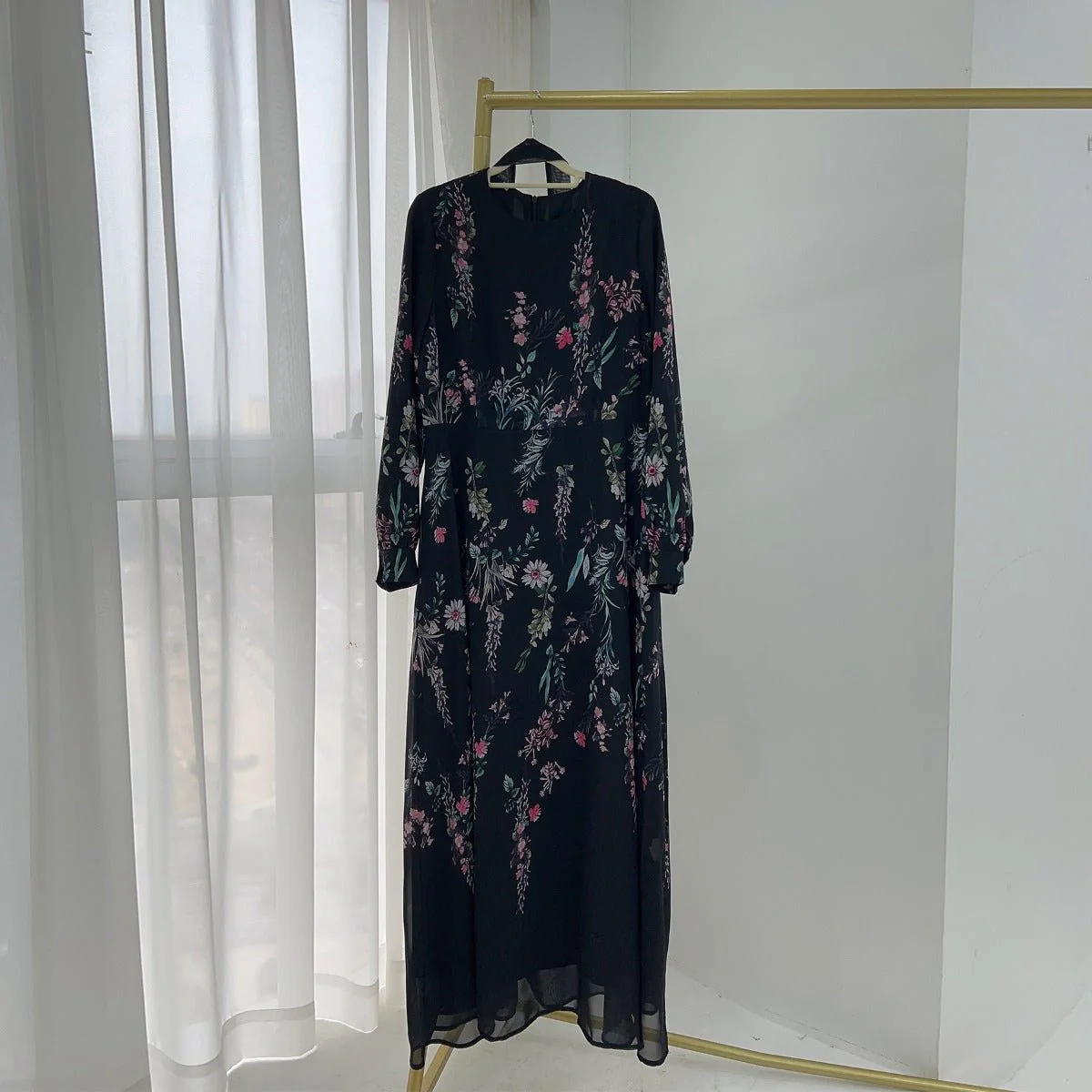 Floral Print Chiffon Maxi Dress | Modest High Neck Long Sleeve Dress with Belt (MA238) - Image 8