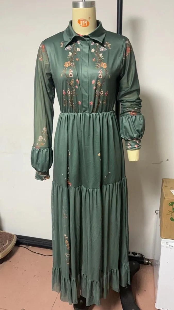 Floral Printer Shirt Dress | Elegant Collar Button-Front Gown Abaya(MA381) - Image 2