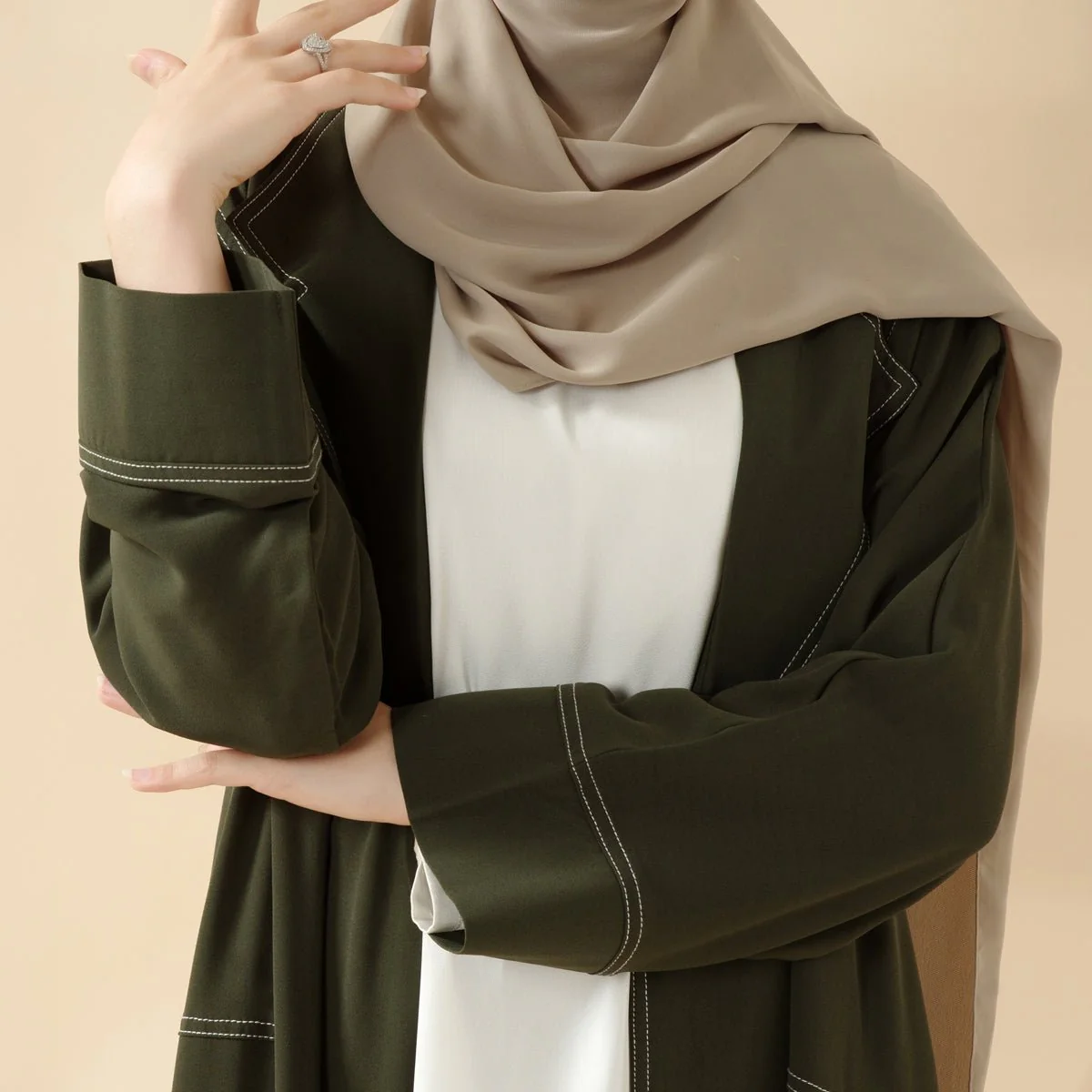 Forest Green Contrast Stitching Double-Breasted Trench Coat Thin Open Abaya (MOA122) - Image 3