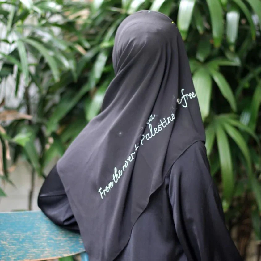 Free Palestine Chiffon Hijab – Cultural Statement Scarf with Arabic Letter Design (MH107) - Image 6