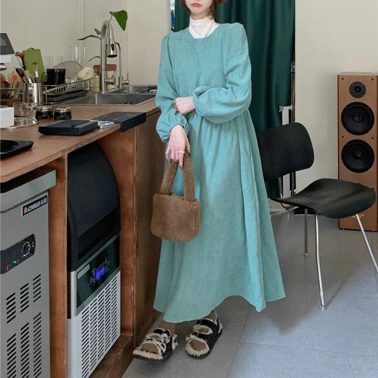 French Corduroy Lantern Sleeve Maxi Dress | Elastic Cuff Gathered Dress(MS206) - Image 10