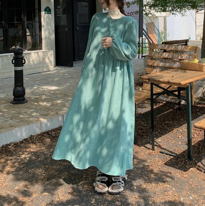 French Corduroy Lantern Sleeve Maxi Dress | Elastic Cuff Gathered Dress(MS206) - Image 12
