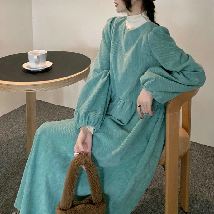 French Corduroy Lantern Sleeve Maxi Dress | Elastic Cuff Gathered Dress(MS206) - Image 13