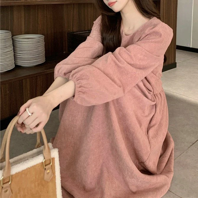 French Corduroy Lantern Sleeve Maxi Dress | Elastic Cuff Gathered Dress(MS206) - Image 3