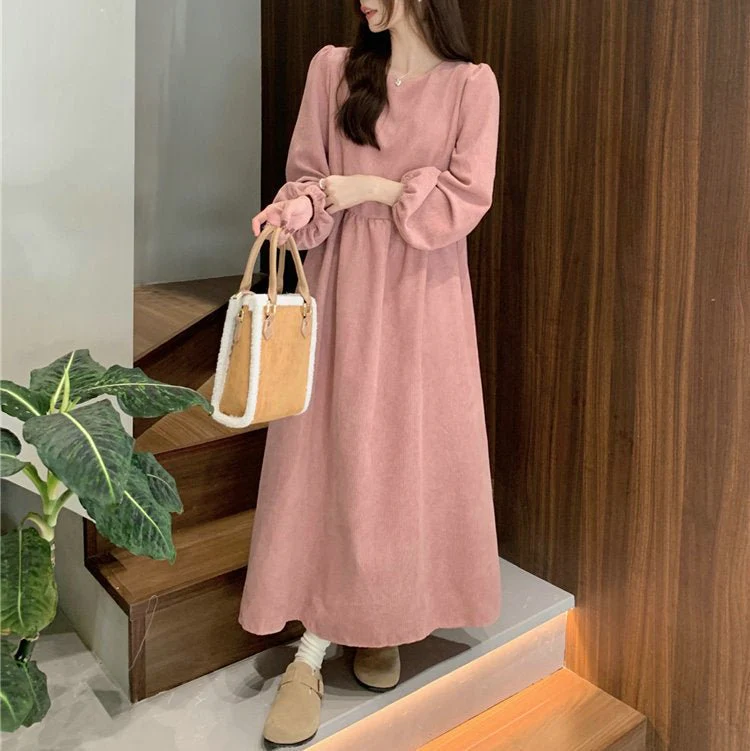 French Corduroy Lantern Sleeve Maxi Dress | Elastic Cuff Gathered Dress(MS206) - Image 5