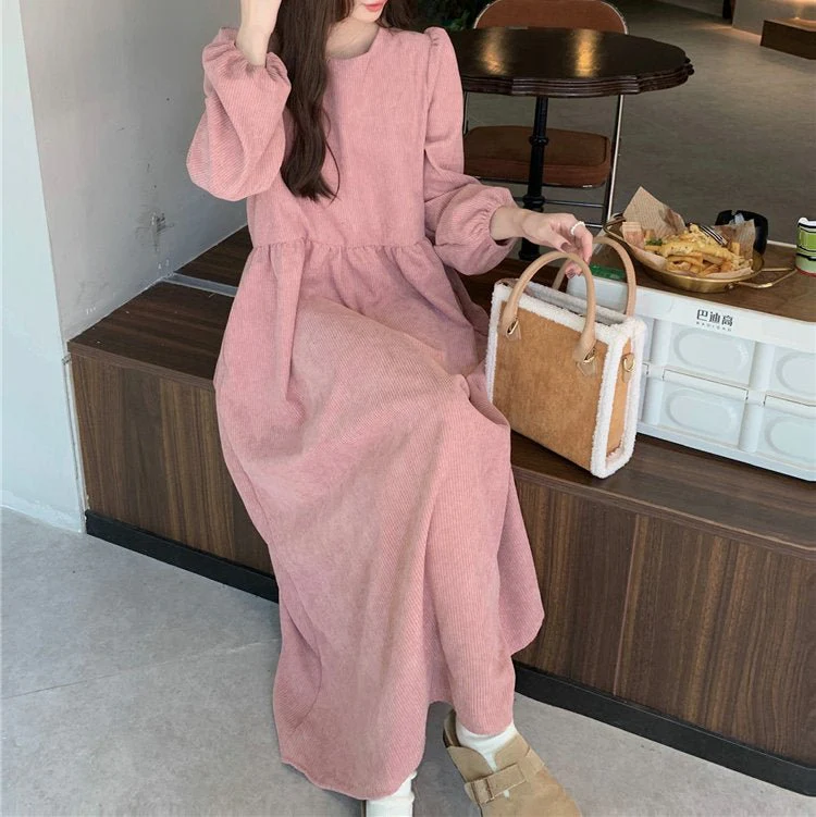 French Corduroy Lantern Sleeve Maxi Dress | Elastic Cuff Gathered Dress(MS206) - Image 6