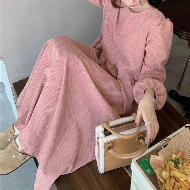 French Corduroy Lantern Sleeve Maxi Dress | Elastic Cuff Gathered Dress(MS206) - Image 7