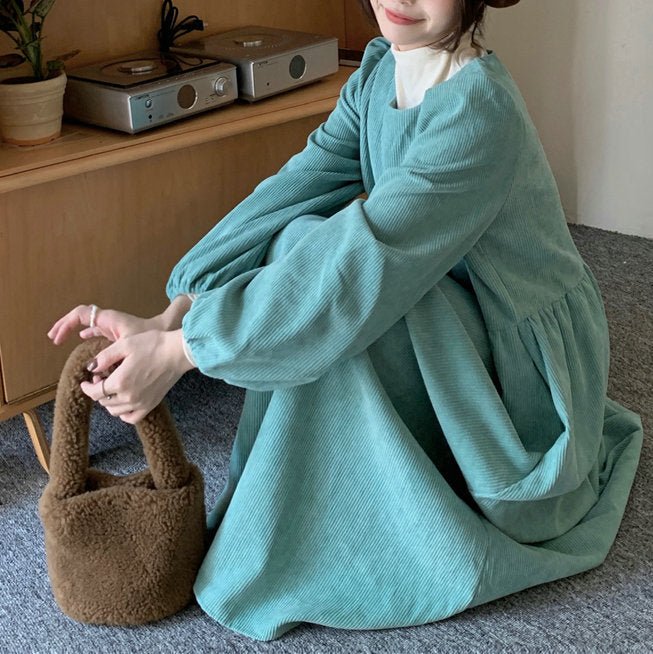 French Corduroy Lantern Sleeve Maxi Dress | Elastic Cuff Gathered Dress(MS206) - Image 8
