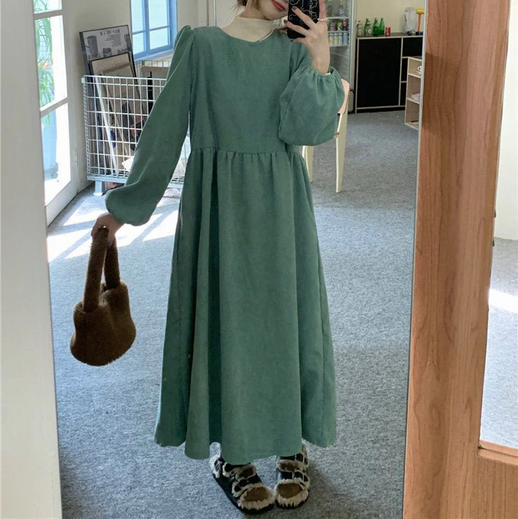 French Corduroy Lantern Sleeve Maxi Dress | Elastic Cuff Gathered Dress(MS206) - Image 9