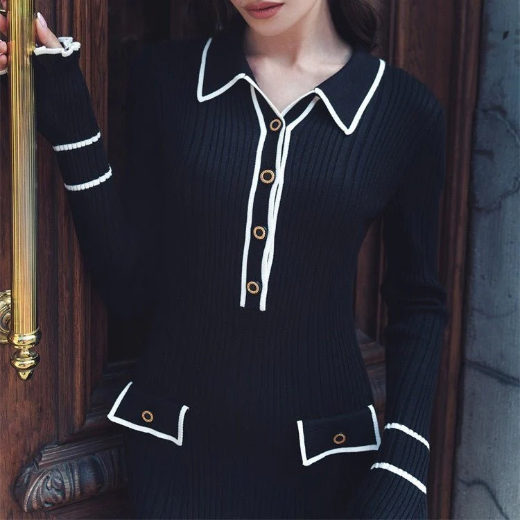 French Luxury Ruffle Trim Knit Dress | Collared Midi Sweater Dress(MS199) - Image 11