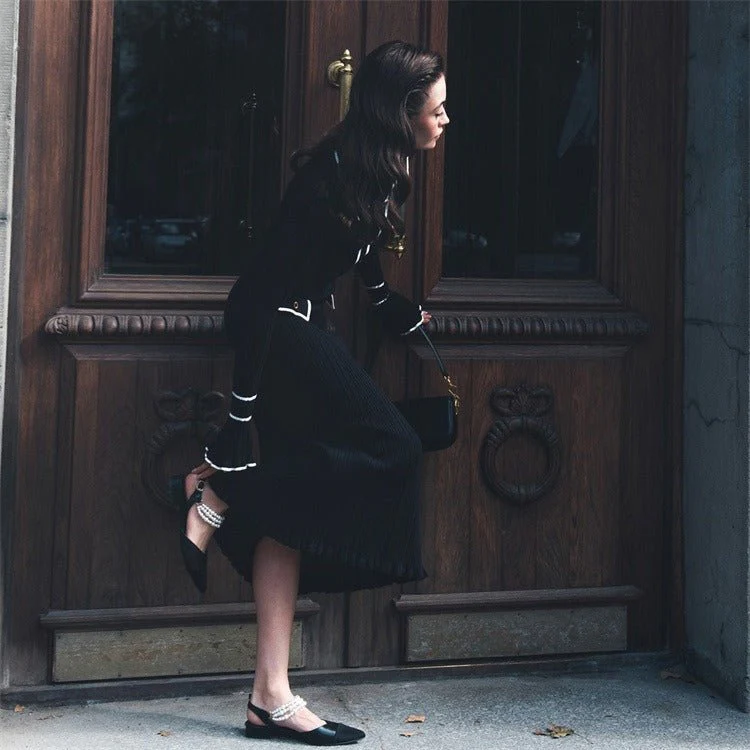 French Luxury Ruffle Trim Knit Dress | Collared Midi Sweater Dress(MS199) - Image 12