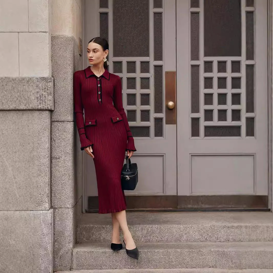 French Luxury Ruffle Trim Knit Dress | Collared Midi Sweater Dress(MS199) - Image 2
