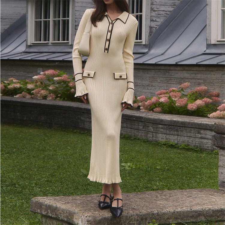 French Luxury Ruffle Trim Knit Dress | Collared Midi Sweater Dress(MS199) - Image 4
