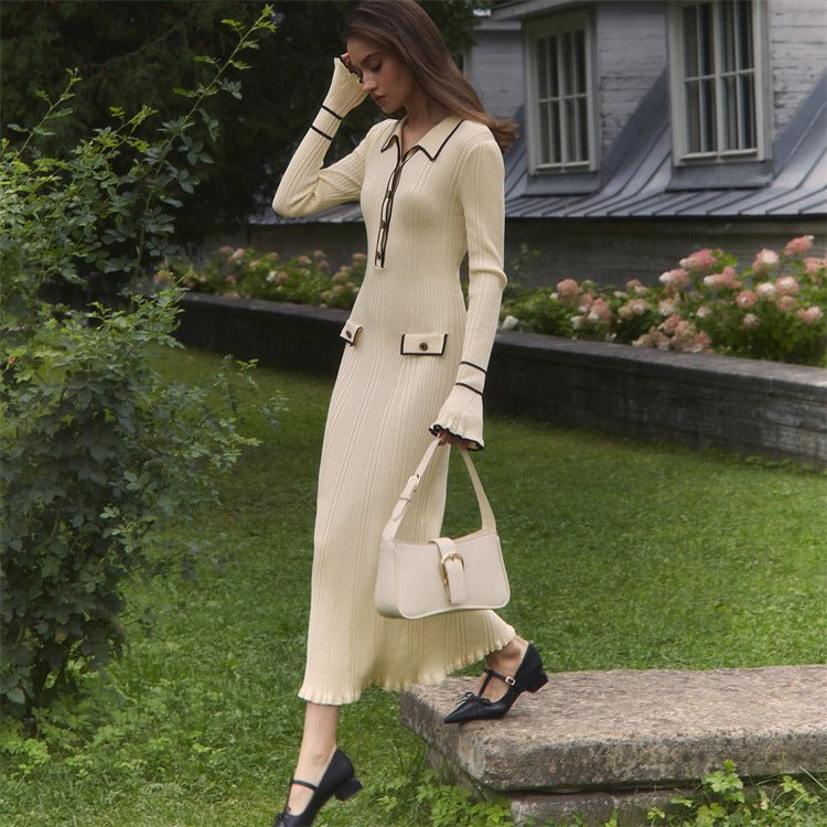 French Luxury Ruffle Trim Knit Dress | Collared Midi Sweater Dress(MS199) - Image 5
