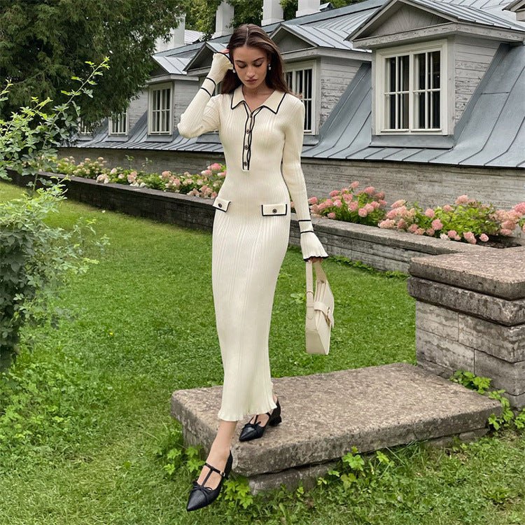 French Luxury Ruffle Trim Knit Dress | Collared Midi Sweater Dress(MS199) - Image 6